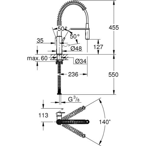 Grohe Get Grifo de cocina semi-pro con muelle y ducha de 2 chorros, Cromo (30361000)