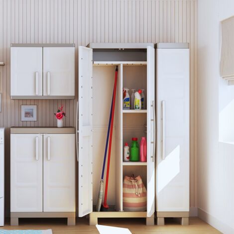 Meuble Bas Detroit Gris Clair Keter – Armoire Extérieure Compacte, Porte Garage Verrouillable, 2 Étagères Réglables 15 Kg