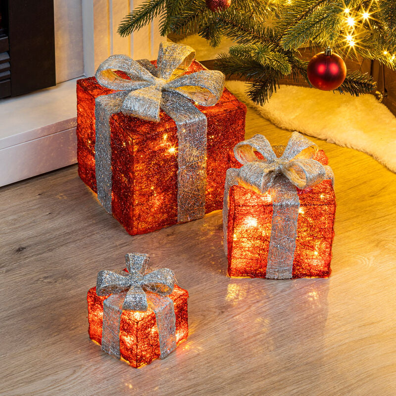 LED Geschenkboxen mit Timer 3er Set - rot / grau - Weihnachts Dekoboxen  warm weiß beleuchtet - Weihnachten Advent Winter