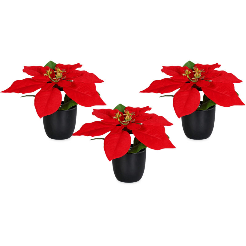 Knstlicher Weihnachtsstern im schwarzen Topf 20 cm - 3er Set - Kunstblume  Poinsettia in naturgetreuer Nachbildung - Christblume Deko Pflanze  Seidenblume Kunstpflanze Winterblume mit samtigen Blten