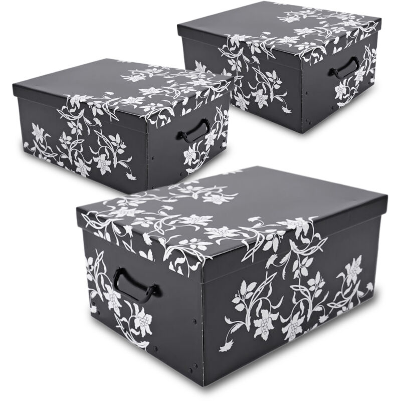 3er Set Aufbewahrungsbox mit Deckel 51 x 37 cm - Schwarz mit Blumenmuster - Stapelbox aus Pappe mit Griffen 45 L - Organizer Storage Box Allzweck Spielzeug Kiste Geschenk Karton Barock stapelbar