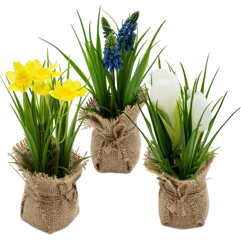 Deko Kunstblume im Jutesckchen 19 cm - 3er Set - Kunstpflanze klein mit  Blumen und Bten im Topf