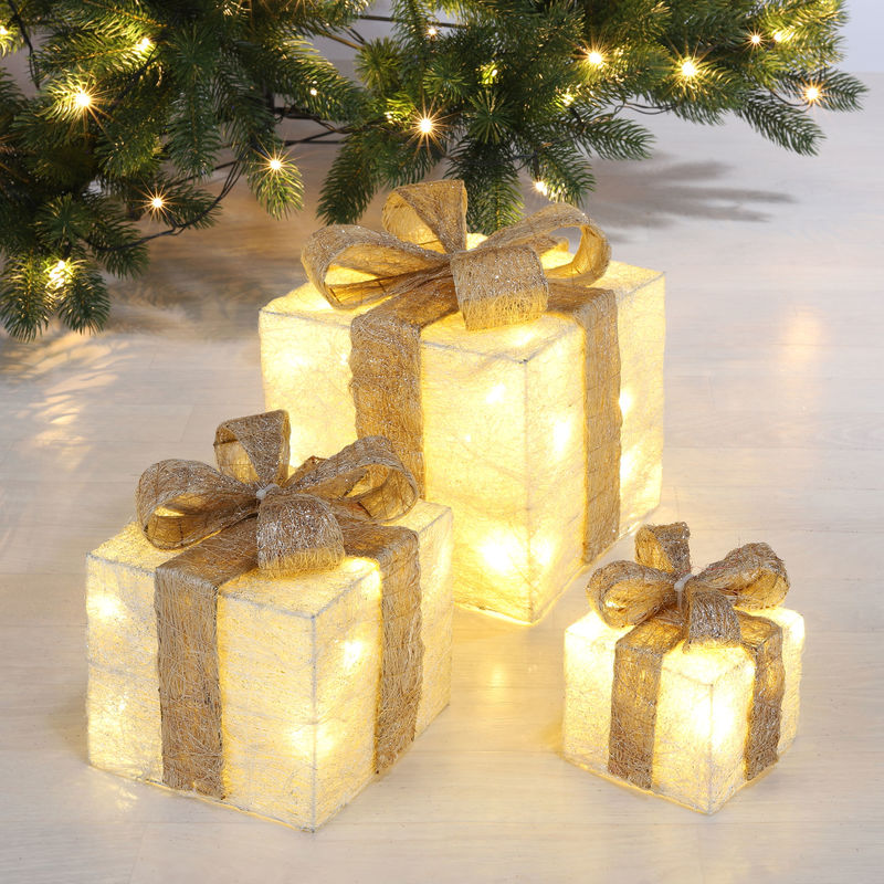 LED Geschenkboxen mit Timer 3er Set - CREME - Weihnachts Deko Boxen warm  weiß beleuchtet Batterie betrieben mit