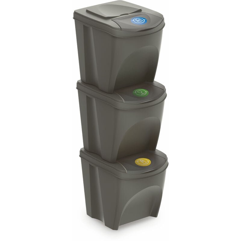Sortibox Mülleimer mit Deckel 3er Set - 25 L / steingrau - Müll