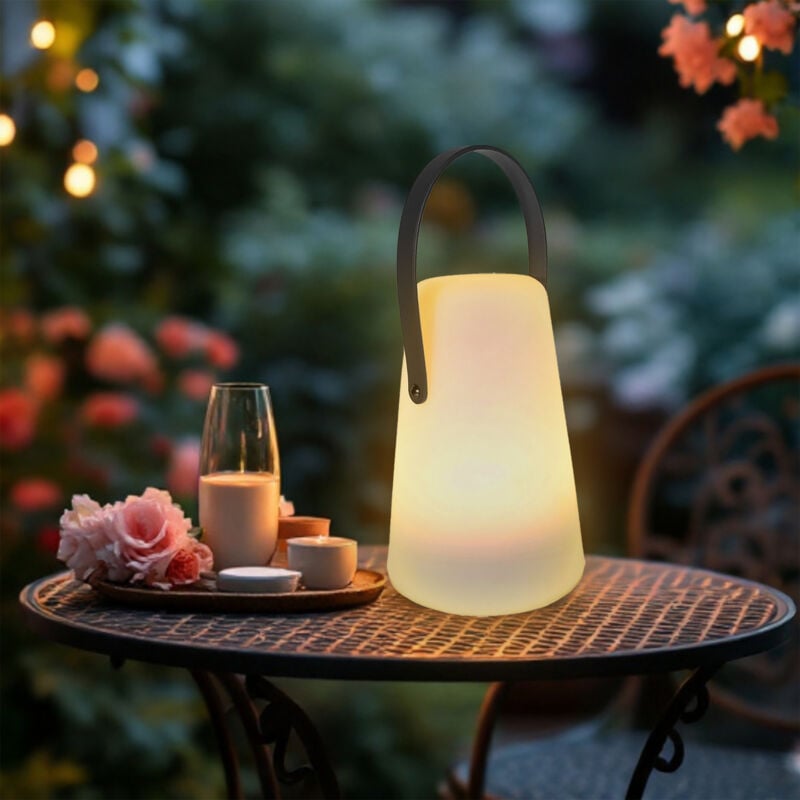 LED Tischlampe mit Lederband konisch rund - 20 x 14 cm - Garten Tisch Leuchte mit Timer