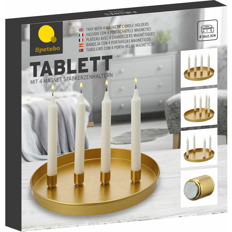 Tablett mit 4 Magnet Kerzenhaltern - ca. Ø 30 cm - Kerzentablett