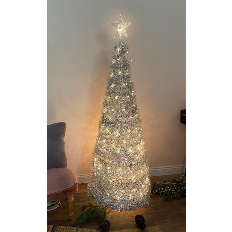 Spiral Weihnachtsbaum 150 cm mit 120 LED und Stern Spitze - silber - Künstlicher Tannenbaum warm weiß beleuchtet für Außen und Innen