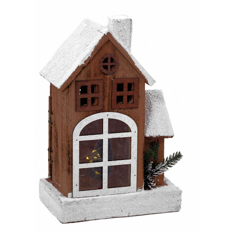 LED Holz Weihnachts Haus mit Schneedach - 29 cm - Lichterhaus Tisch Fenster Deko beleuchtet mit weihnachtlichem Zierschmuck
