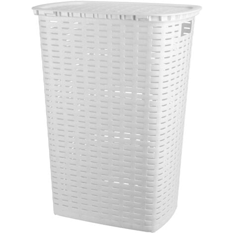 Kunststoff Wäschekorb in Rattan mit Wäschetruhe - - und Tragegriffen Wäschebox Liter Wäschesammler 53 Optik Wäschetonne Deckel - weiß