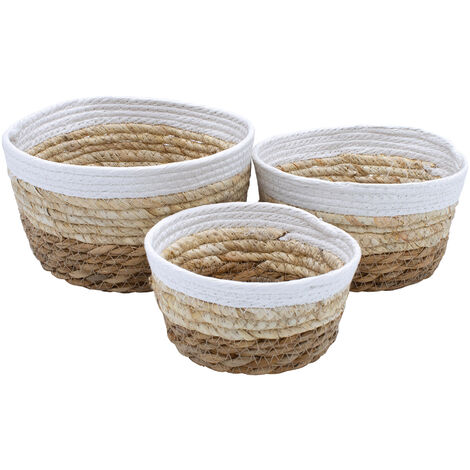 Deko Körbchen rund 3er Set aus Seegras - 21 / 18 / 15 cm - Allzweck Korbset klein aus Naturfasern - Boho Aufbewahrungskorb Übertopf Rattan Korb geflochten Organizer für Badezimmer Schlafzimmer