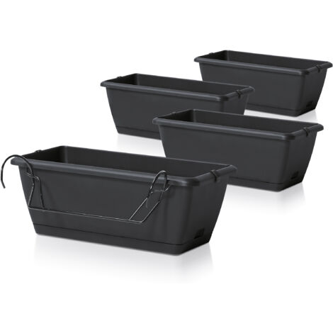 Balkon Blumenkasten mit Halterung und Bewässerungssystem - 4 Stück in 40 cm - Kunststoff Geländer Pflanztopf in anthrazit - Blumentopf Pflanzkasten zum Einhängen mit Wasserablauf