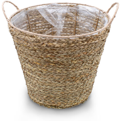 Seegras Pflanzkorb natur mit Henkel - 27 x 24 cm - Pflanztopf mit Folie ausgekleidet - Deko Blumenkorb Blumentopf Rattan Flechtkorb für Zimmerpflanzen