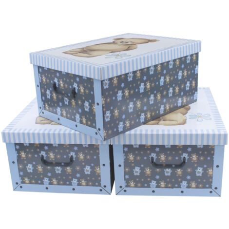 3er Set Aufbewahrungsbox mit Deckel je 51 x 37 cm - Teddy Bär - Stapelbox aus Pappe mit Griffen 45 Liter - Organizer Storage Box Allzweck Spielzeug Kiste Geschenk Karton stapelbar