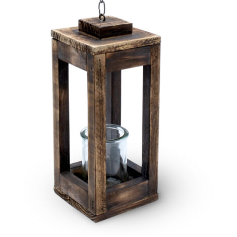 Holz Hänge Laterne mit Metall Kette - 31 cm - Deko Kerzenhalter mit Kerzenglas - Tisch Deko Leuchte Windlicht Kerzenhalter zum Aufhängen
