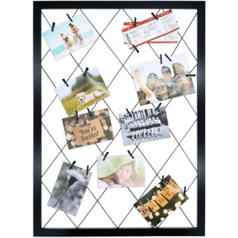 Holz Bilderrahmen schwarz mit Gummileinen - 75 cm x 55 cm - DIY Foto Collage Rahmen mit 20 Holzklammern - Gitter Fotohalter Bildergalerie Fotoboard Fotoleine