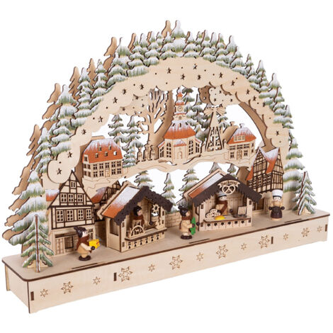 LED Holz Schwibbogen 44 x 30 cm - Motiv: Wintermarkt - Lichterbogen mit Weihnachtsmotiv - Weihnachtsdeko Tischdeko Fensterdeko Weihanchten Advent Winter Deko Batterie betrieben