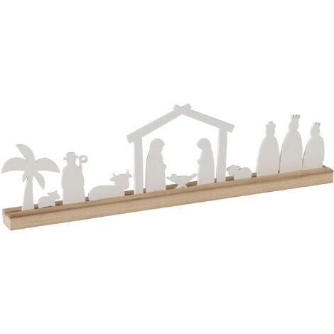 Holz Weihnachtskrippe Silhouette weiß natur - 50 x 14 cm - Weihnachts Deko Aufsteller Krippen Szene - Dekoaufsteller Krippen Figuren Weihnachtsdeko Adventdeko Tischdeko