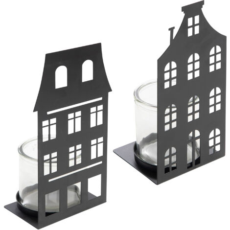 Metall Kerzenhalter Haus Silhouette schwarz 28 x 12 cm - 2er Set - Windlicht mit Glaseinsatz Motiv 2-fach sortiert - Weihnachtsdorf Skyline Tisch Deko Laterne für Weihnachten Advent Winter