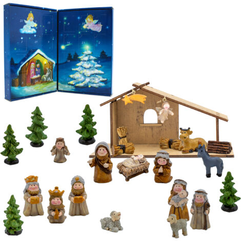 Holz Weihnachts Krippenstall mit Kunststeinfiguren - 26 x 13 cm - Weihnachtskrippe Adventskalender mit 24 Figuren - Weihnachten Advent Winter Tisch Deko Krippe