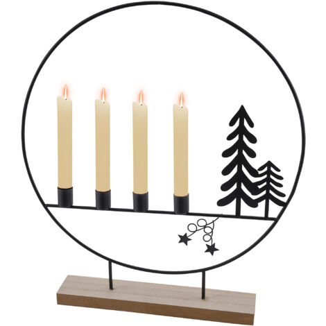 Metall Advents Kerzenständer Ring schwarz mit Schattenbild - 46 cm - Kerzenleuchter für 4 Stabkerzen mit Tannen Silhouetten - Tafelkerzen Halter Deko Aufsteller für Weihnachten