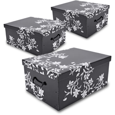 3er Set Aufbewahrungsbox mit Deckel 51 x 37 cm - Schwarz mit Blumenmuster - Stapelbox aus Pappe mit Griffen 45 L - Organizer Storage Box Allzweck Spielzeug Kiste Geschenk Karton Barock stapelbar