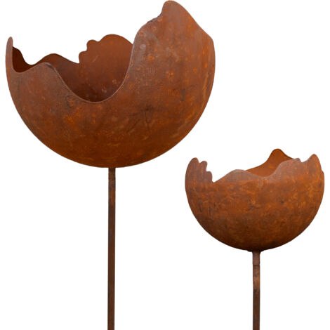 Spetebo Metalen tuinsteker, natuurroest, vuurbal, set van 2 stuks, klein windlicht met grondpen, 77 x 11 cm, decoratieve kaarshouder, vuurbal