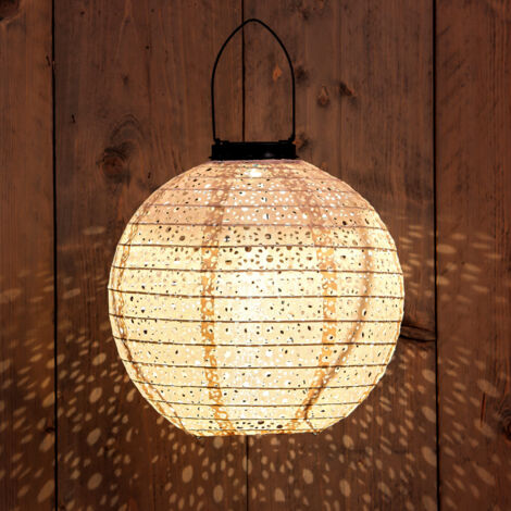 LED Solar Textil Lampion rund creme - 25 cm - Garten Deko Beleuchtung warm weiß