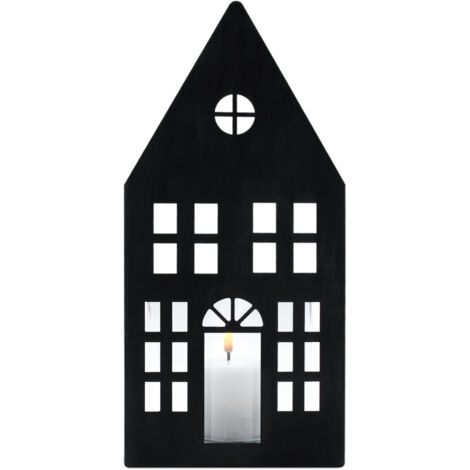 Metall Kerzenhalter Haus Silhouette grau - 28 x 12 cm - Schattenbild Windlicht mit Glaseinsatz - Weihnachtsdorf Skyline Tisch Deko Laterne für Weihnachten Advent Winter