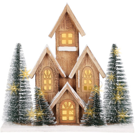 LED Holz Häuserzeile Weihnachtsdorf mit Timer - 32 x 30 cm - Weihnachts Tischdeko warm weiß beleuchtet Batterie betrieben - Advent Deko Holzhaus Aufsteller Weihnachts Stadt