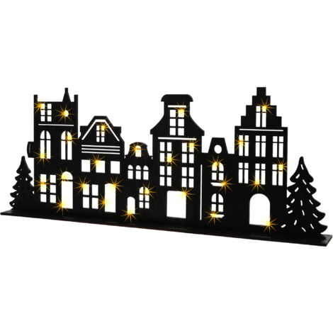 LED Holz Häuserzeile schwarz - 57 x 22 cm - Deko Weihnachtsdorf Skyline Aufsteller - Weihnachts Holzhaus Tischdeko Weihnachtsstadt
