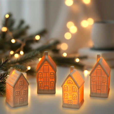 Keramik Haus warm weiß beleuchtet 10 cm - 4er Set - Deko Weihnachtsdorf weiß mit Beleuchtung