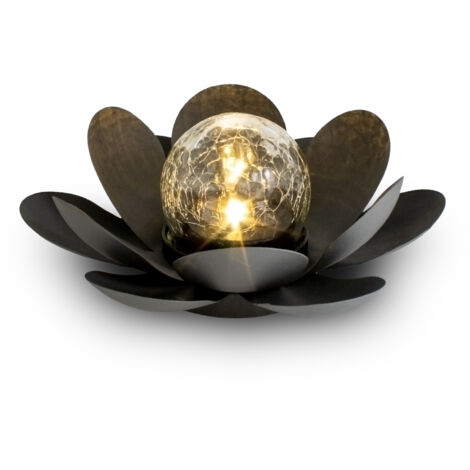 LED Solar Lotusblüte schwarz mit Crackleglas Kugel - 24 x 10 cm - Garten Deko Kugelleuchte im Blumen Design - Gartenkugel Dekoleuchte Lotus Solarlampe Bruchglas