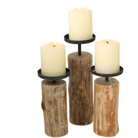Eukalyptus Kerzenhalter 3er Set - 24 / 19 / 15 cm - Holz Kerzen Ständer mit  Metall Haltern