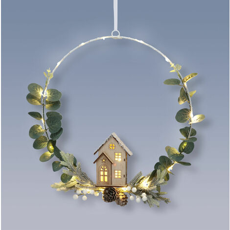 LED Metall Ring mit Häuschen aus Holz zum Aufhängen - 20 LED / 30 cm - Weihnachten Winter Deko Aufhänger beleuchtet Batterie betrieben