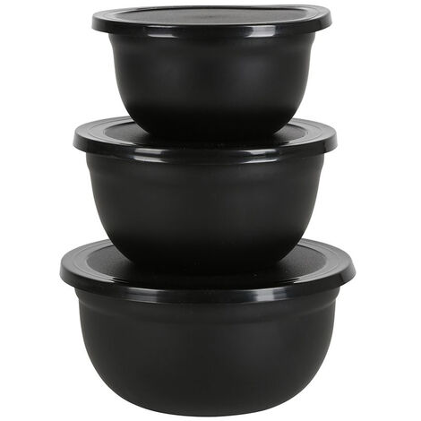 Edelstahl Rühr Schüssel m. Deckel 3er Set - schwarz - Salat Koch Kunststoff Dose