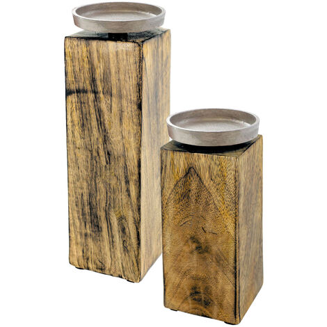 Mango Kerzenhalter mit Alu Kerzenteller 2er Set - 20 / 25 cm - Holz Kerzenständer für Stumpen- und Kugel-Kerzen