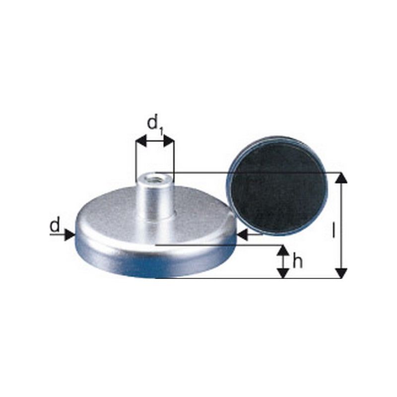 

Imán plano con manga roscada, Ø d : 40 mm, altura total l 18 mm, altura Imán h 8 mm, Ø de la manguito d1 : 10 mm, Agujero : M5