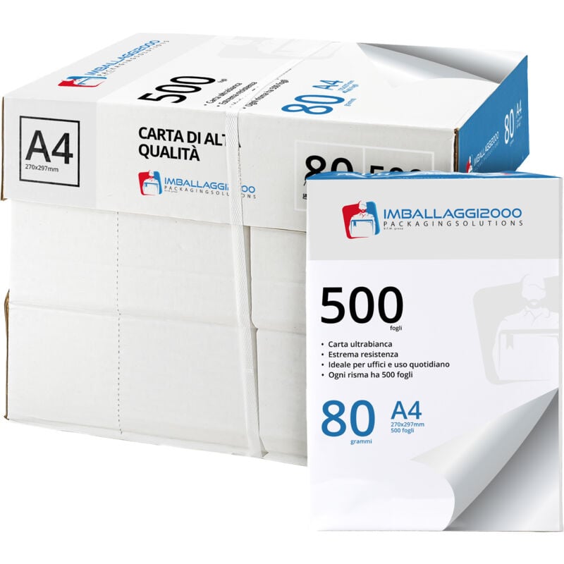 Image of Imballaggi 2000 - 5 Risme da 500 Fogli Carta A4 per Stampante 80gr - Alta Qualità - Universale