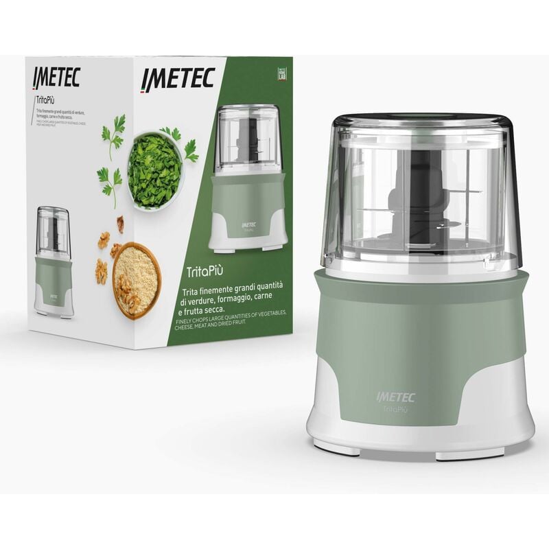 Tritapiù tritatutto, 4 lame in acciaio inox, Capiente contenitore 600 ml, 18.000 giri/min, Funzionamento a pressione, 1000 w, Materiali bpa free
