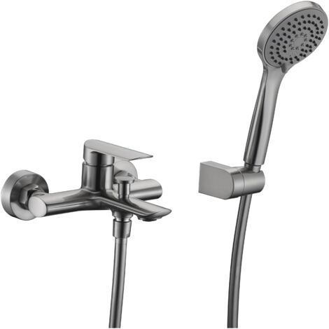 IMEX Badewannen-Duscharmatur aus nikelfarbenem gebürstetem Messing und Zamak mit ABS-Duschhalter 3-fach verstellbarer runder Brause 170 m Metallbrauseschlauch Keramik-Kartusche Ø35 mm – Ural