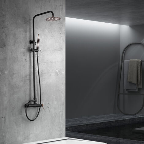 IMEX - Columna Ducha sin Grifo  Conjunto de Ducha y Bañera con Alcachofa y Flexo  Griferia Monomando con Rociador Efecto Lluvia  Caudal de 12L/min  Serie Milos Stick  Color Negro Oro