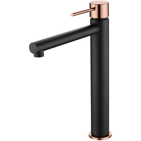 IMEX grifería en ottone y zama color nero-oro rosa con cartuccia ceramica Ø25mm y tubi flessibili 38 incluidos para lavabo alto modelo Milos Stick
