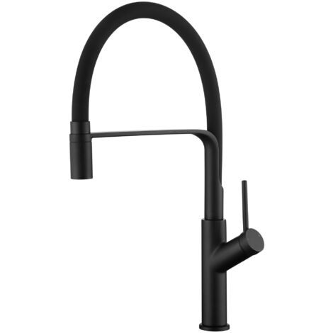 IMEX Grifo monocomando de cocina en acero y latón negro mate con cuerpo y boca flexibles cartucho de 30 mm y tubos flexibles de 50 cm - Modelo SENA