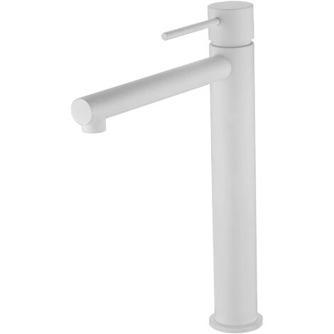 IMEX Grifo monomando para lavabo alto en latón y zama blanco opaco con cartucho cerámico 25 mm y tubos flexibles incluido modelo Milos Stick