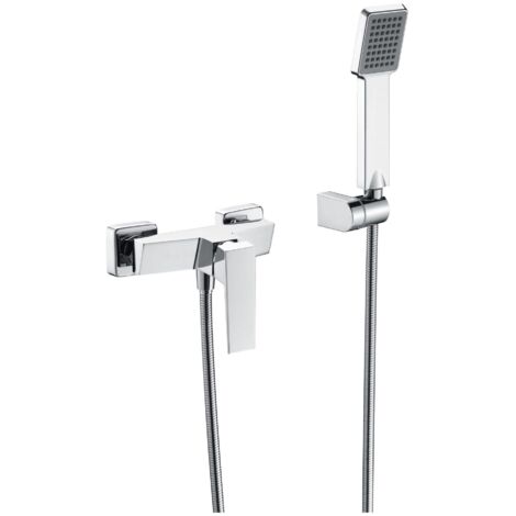 IMEX Set ducha con cuerpo de latón tubo metálico de 180 cm soporte en ABS manija cuadrada cartucho cerámico Ø35 mm acabado cromado - Modelo Imex-BDAR025-5