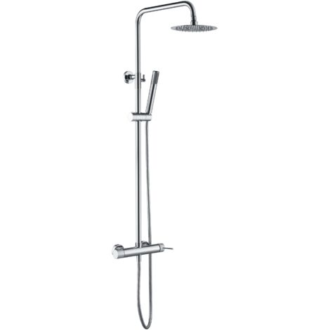 IMEX Set Duscharmatur Serie LINE mit ausziehbarer Edelstahlstange verchromtem Messingmischer extraflachem Edelstahl-Duschkopf Ø20 cm mit Antikalkbeschichtung verstellbarer Halterung Keramik-Kartus
