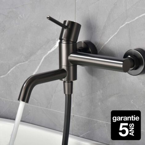 IMEX Set vascadoccia serie MONZA corps robinet en laiton tube flexible PVC 180 cm support douche ABS poignee ronde cartouche ceramique Ø35 mm finition noire black gun metal Imex-BDM039-4BGM
