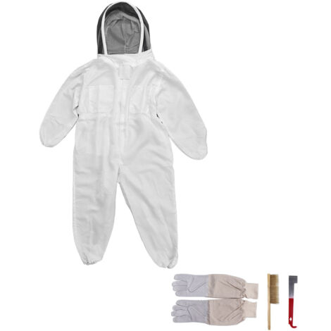 Imkeranzug (weiß) + belüftete Handschuhe + Doppelborsten-Schöpfkescher + rotes Entdeckelungswerkzeug – Professionelle Imkerausrüstung