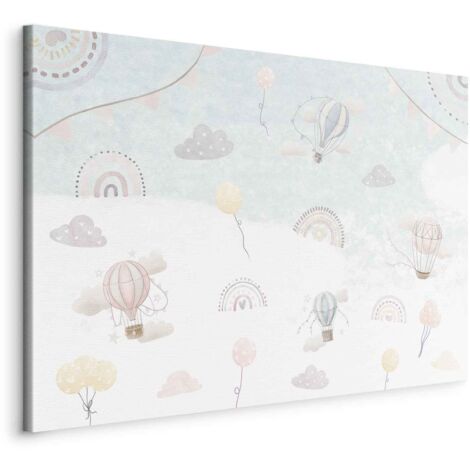 Immagine - Cielo con palloncini - Palloncini dai colori tenui che volano nel cielo tra nuvole, arcobaleni e stelle/Avventura aerea