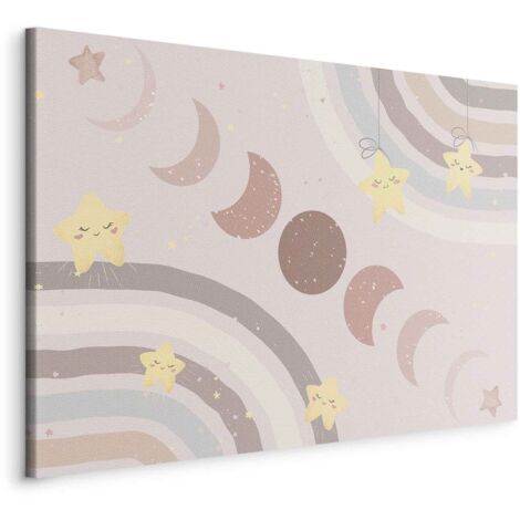 Immagine - Cielo gioioso - Stelle gialle e allegre con un arcobaleno sullo sfondo delle fasi lunari nel cielo in colori beige chiaro/Fasi lunari con un arcobaleno